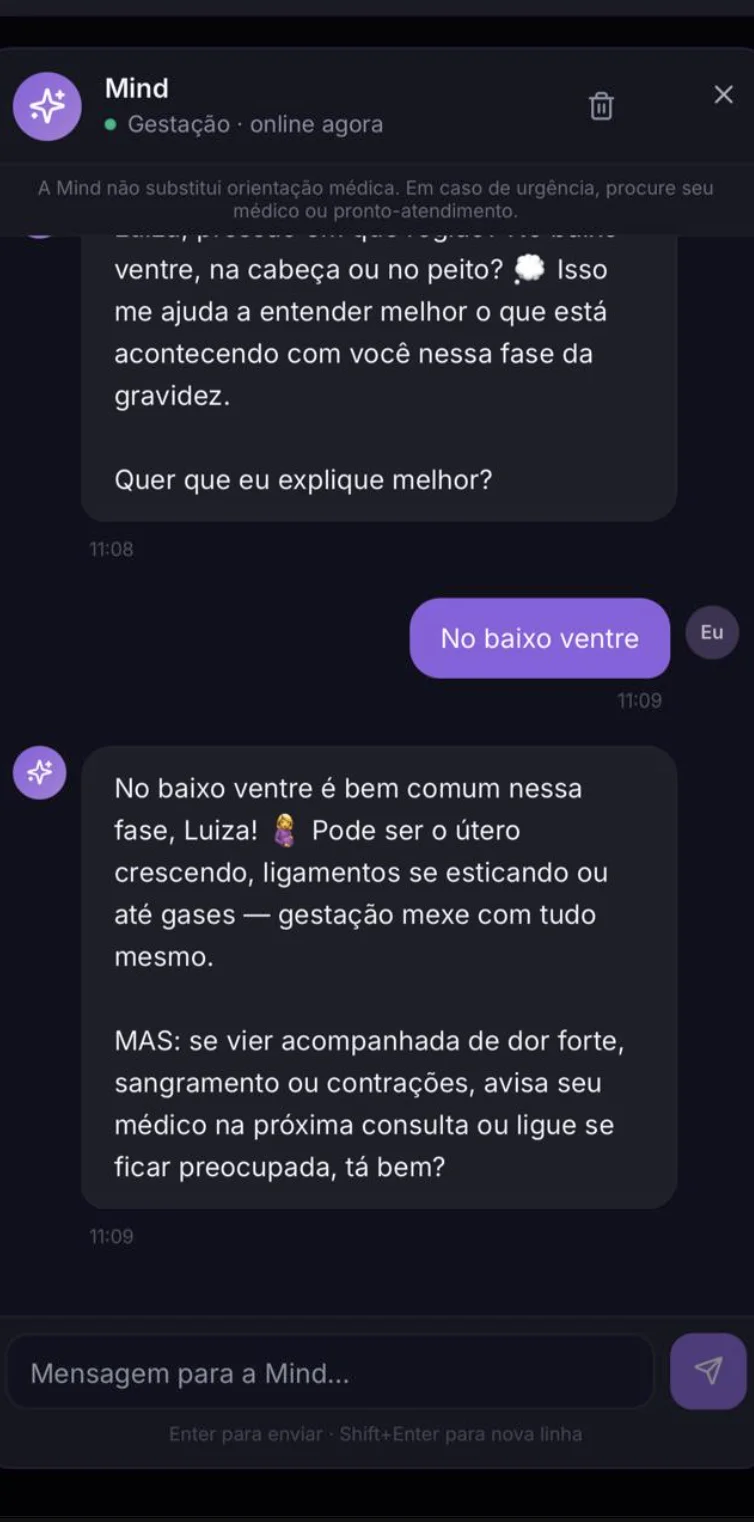 Print real do chat da Mind respondendo uma dúvida de gestante sobre dor no baixo ventre