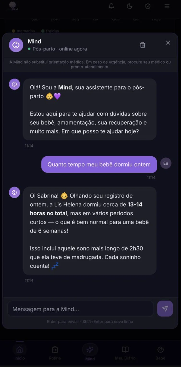 Print real do chat da Mind respondendo quanto tempo o bebê dormiu, com dados registrados