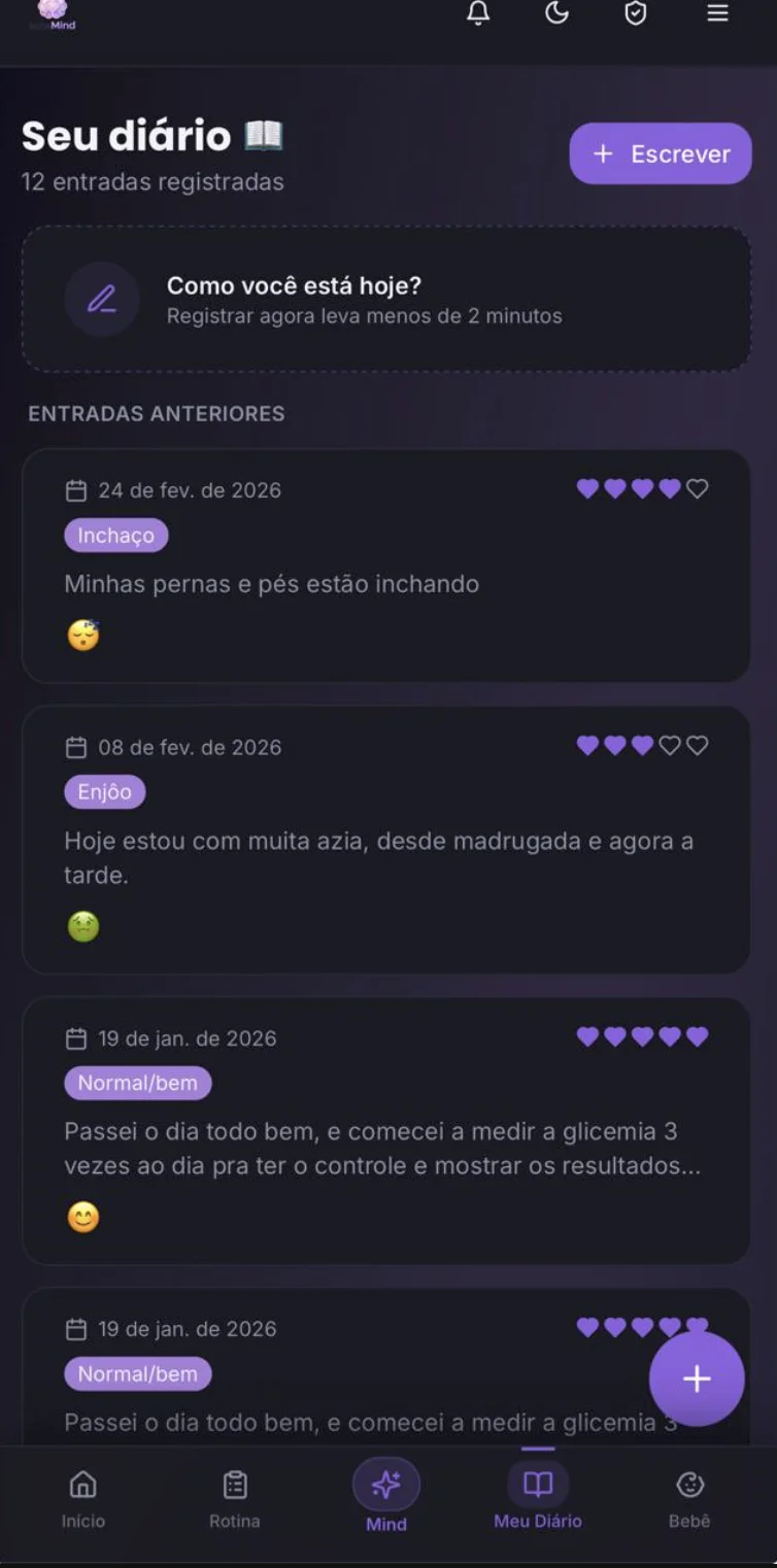 Print real da tela de diário com entradas registradas sobre sintomas e sentimentos